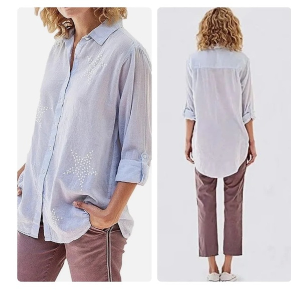 Sundry Embroidered Button Up Shirt Long Sleeve Stars Blue Chambray Lightweight